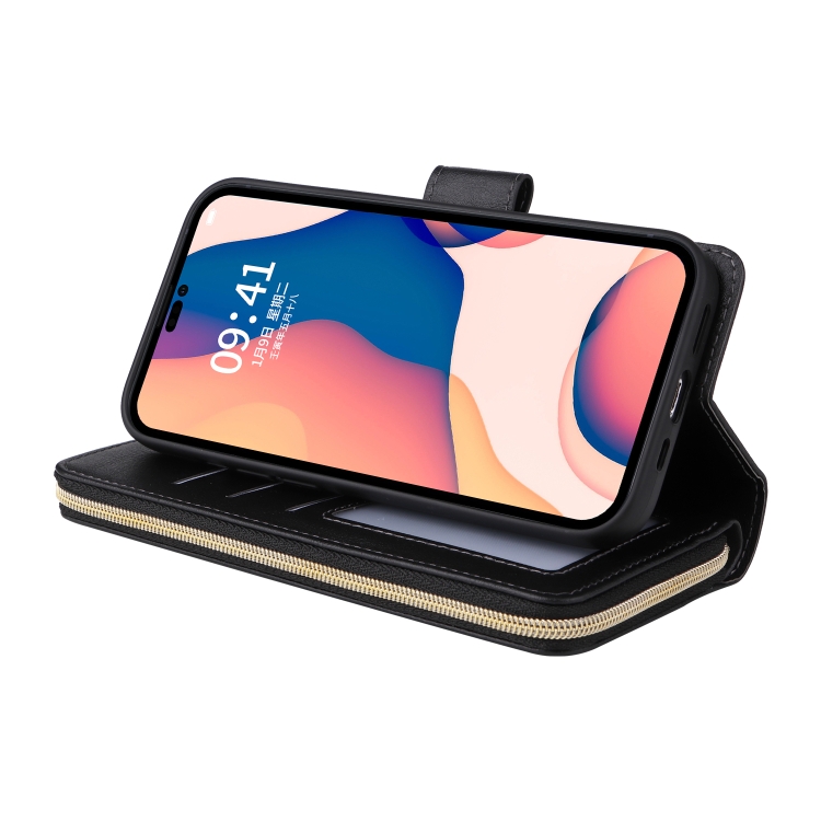 For iPhone 14 Pro 9 Card Slots Zipper Wallet Bag Leather Phone Case(Black) For iPhone 14 Pro 9 Card Slots Zipper Wallet Bag Leather Phone Case(Black)