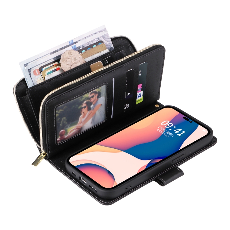 For iPhone 14 Pro 9 Card Slots Zipper Wallet Bag Leather Phone Case(Black) For iPhone 14 Pro 9 Card Slots Zipper Wallet Bag Leather Phone Case(Black)