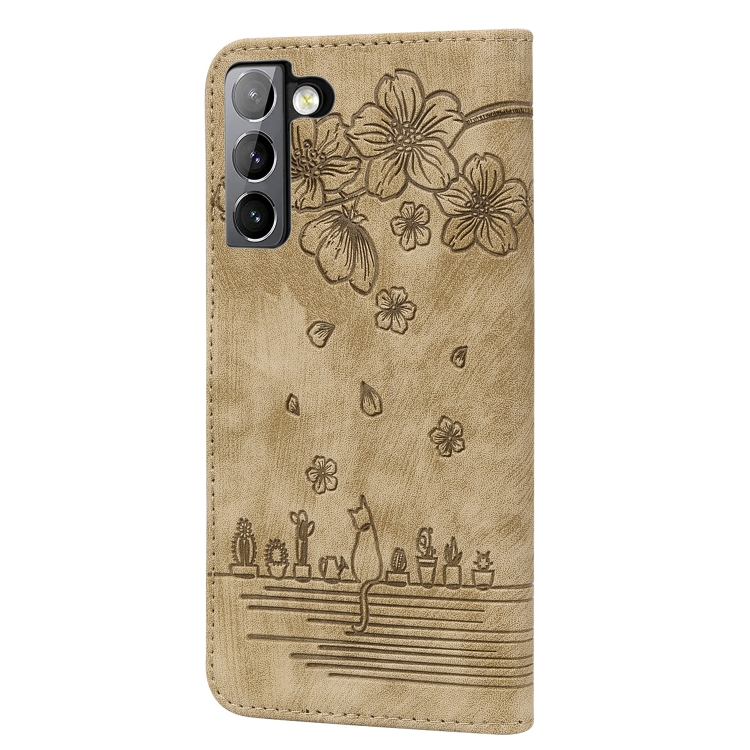 For Samsung Galaxy S22 5G Cartoon Sakura Cat Embossed Leather Phone Case(Brown) For Samsung Galaxy S22 5G Cartoon Sakura Cat Embossed Leather Phone Case(Brown)