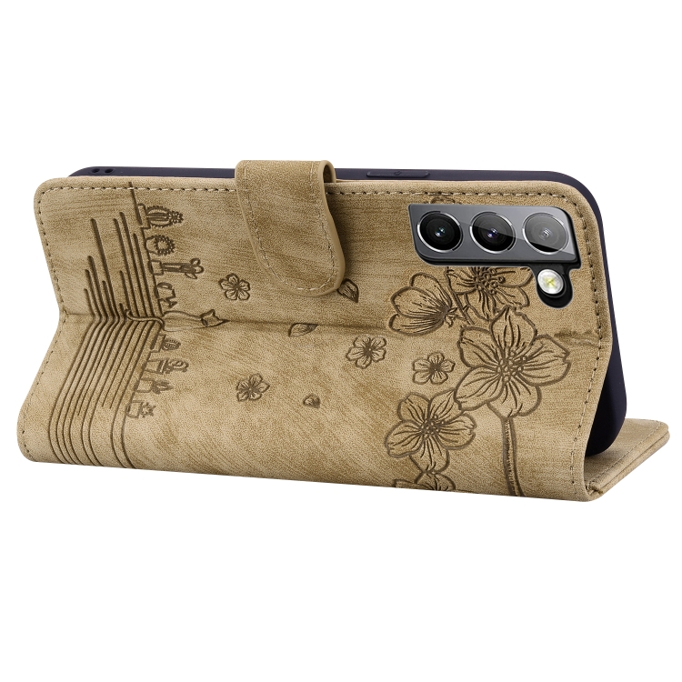 For Samsung Galaxy S22 5G Cartoon Sakura Cat Embossed Leather Phone Case(Brown) For Samsung Galaxy S22 5G Cartoon Sakura Cat Embossed Leather Phone Case(Brown)