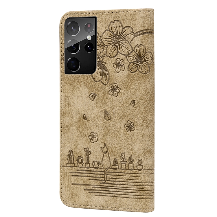 For Samsung Galaxy S21 Ultra 5G Cartoon Sakura Cat Embossed Leather Phone Case(Brown) For Samsung Galaxy S21 Ultra 5G Cartoon Sakura Cat Embossed Leather Phone Case(Brown)