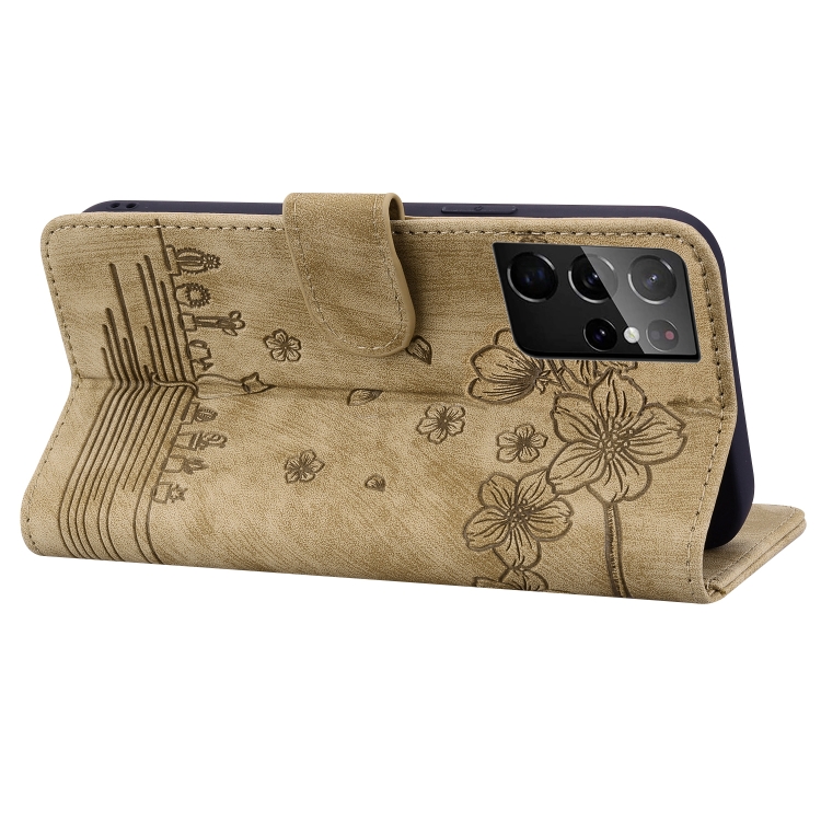 For Samsung Galaxy S21 Ultra 5G Cartoon Sakura Cat Embossed Leather Phone Case(Brown) For Samsung Galaxy S21 Ultra 5G Cartoon Sakura Cat Embossed Leather Phone Case(Brown)