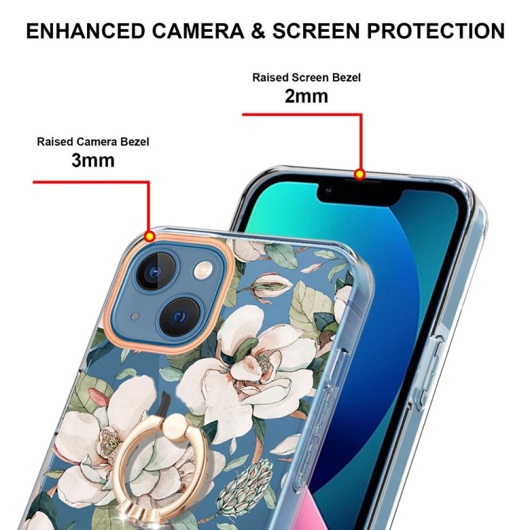 For iPhone 14 Plus Ring IMD Flowers TPU Phone Case (Green Gardenia) For iPhone 14 Plus Ring IMD Flowers TPU Phone Case (Green Gardenia)