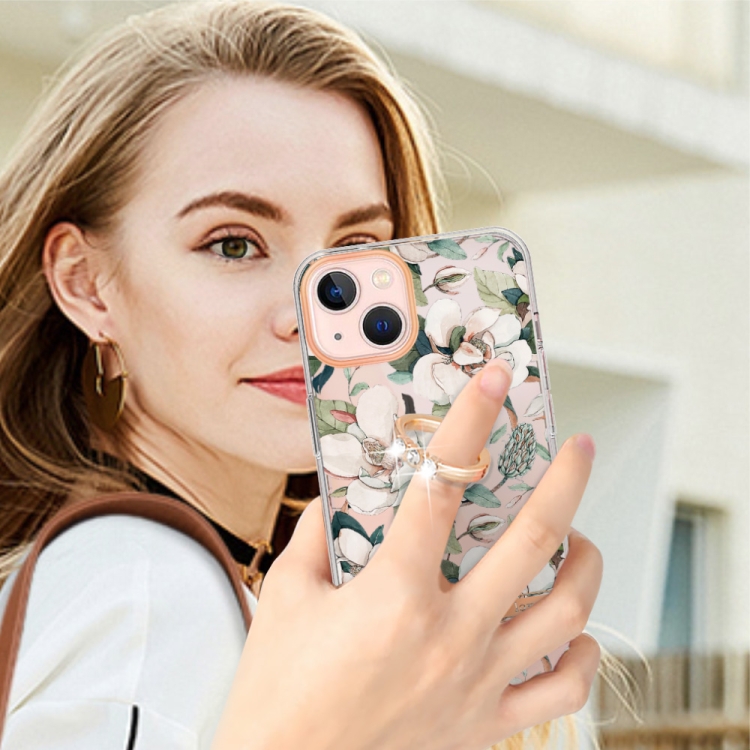 For iPhone 14 Plus Ring IMD Flowers TPU Phone Case (Green Gardenia) For iPhone 14 Plus Ring IMD Flowers TPU Phone Case (Green Gardenia)