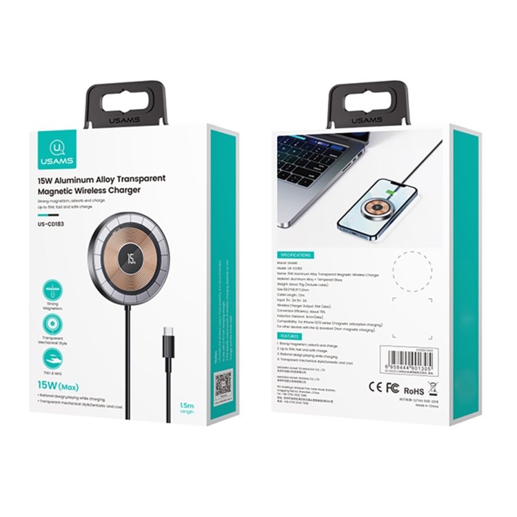 USAMS US-CD183 15W Aluminum Alloy Transparent Magnetic Wireless Charger(Black) USAMS US-CD183 15W Aluminum Alloy Transparent Magnetic Wireless Charger(Black)