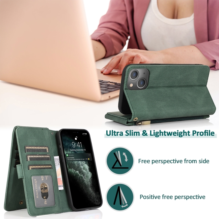 For iPhone 14 Zipper Wallet Bag Leather Case (Dark Green) For iPhone 14 Zipper Wallet Bag Leather Case (Dark Green)