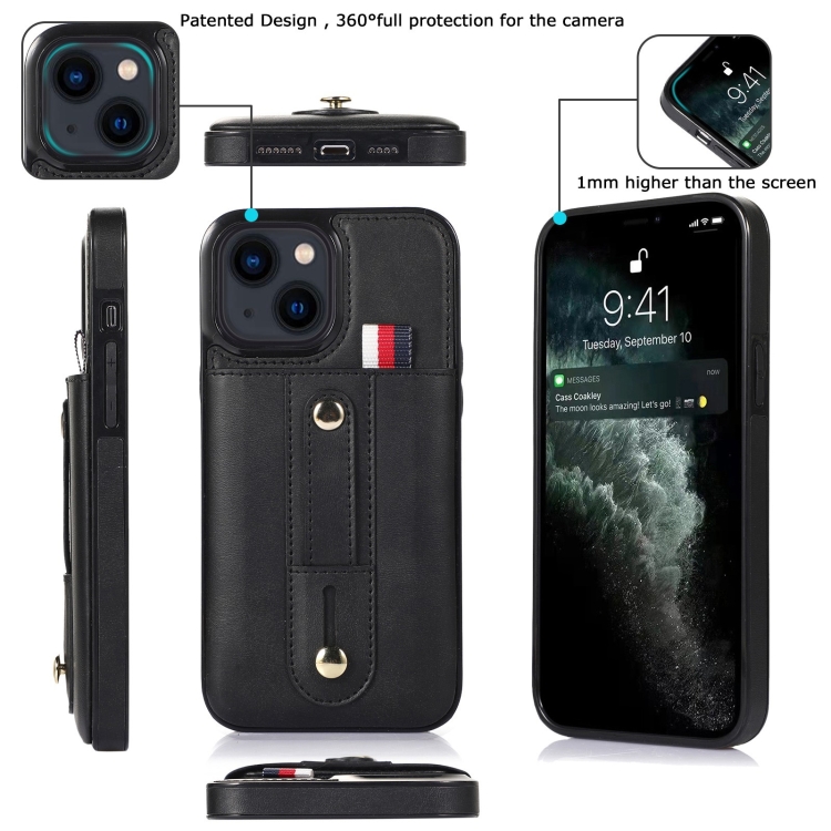 For iPhone 14 Plus Wristband Kickstand Wallet Leather Phone Case (Black) For iPhone 14 Plus Wristband Kickstand Wallet Leather Phone Case (Black)