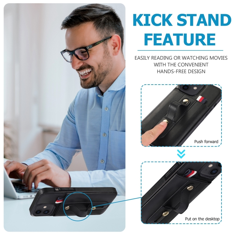 For iPhone 14 Plus Wristband Kickstand Wallet Leather Phone Case (Black) For iPhone 14 Plus Wristband Kickstand Wallet Leather Phone Case (Black)