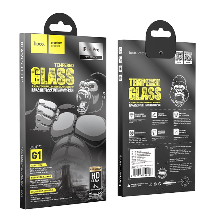 For iPhone 14 Pro hoco G1 Flash Attach Full Screen Silk Screen HD Tempered Glass Film For iPhone 14 Pro hoco G1 Flash Attach Full Screen Silk Screen HD Tempered Glass Film