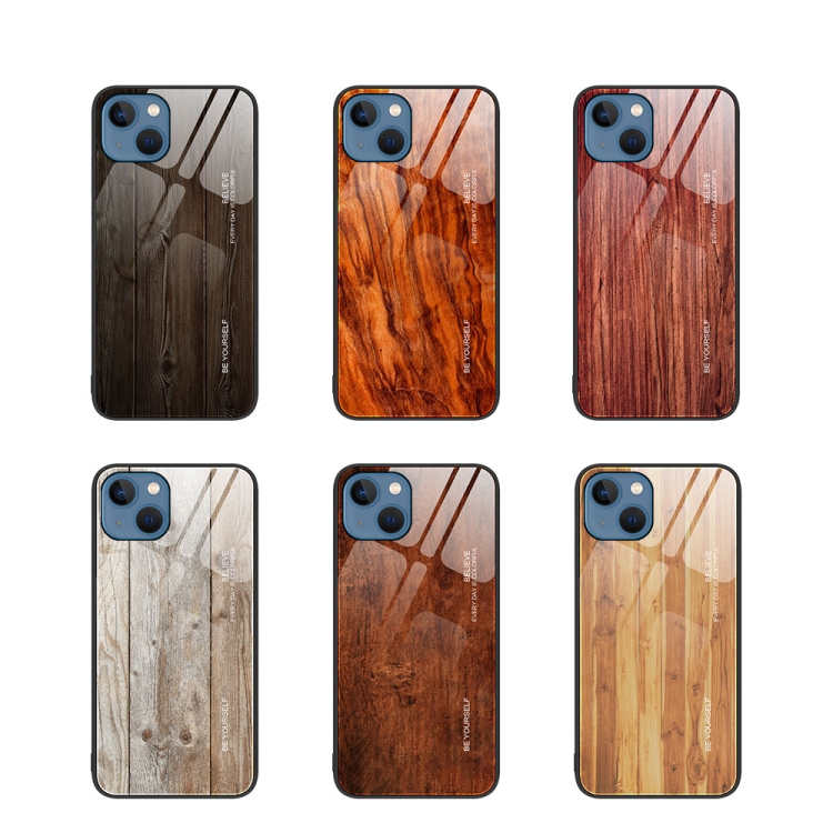 For iPhone 14 Wood Grain Glass Protective Case (Black) For iPhone 14 Wood Grain Glass Protective Case (Black)