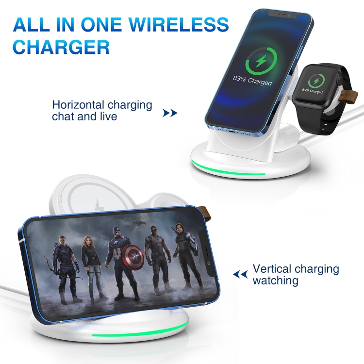 W-03 3 in 1 Magnetic Wireness Charge with 15W Adapter / USB-C Cable, Plug Type:AU Plug(White)