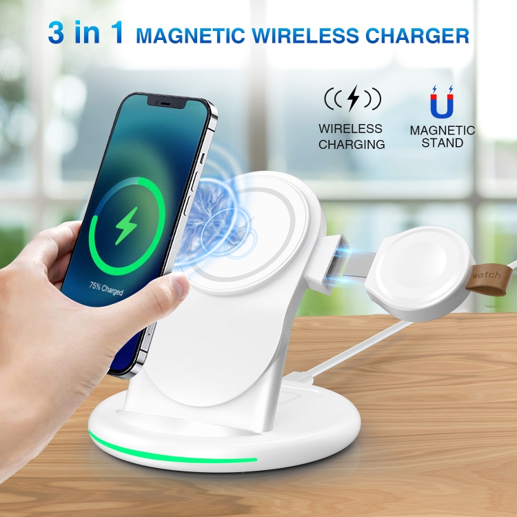 W-03 3 in 1 Magnetic Wireness Charge with 15W Adapter / USB-C Cable, Plug Type:AU Plug(White)