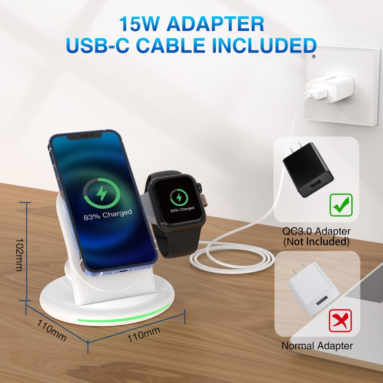 W-03 3 in 1 Magnetic Wireness Charge with 15W Adapter / USB-C Cable, Plug Type:AU Plug(White)