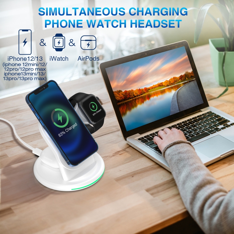 W-03 3 in 1 Magnetic Wireness Charge with 15W Adapter / USB-C Cable, Plug Type:AU Plug(White)