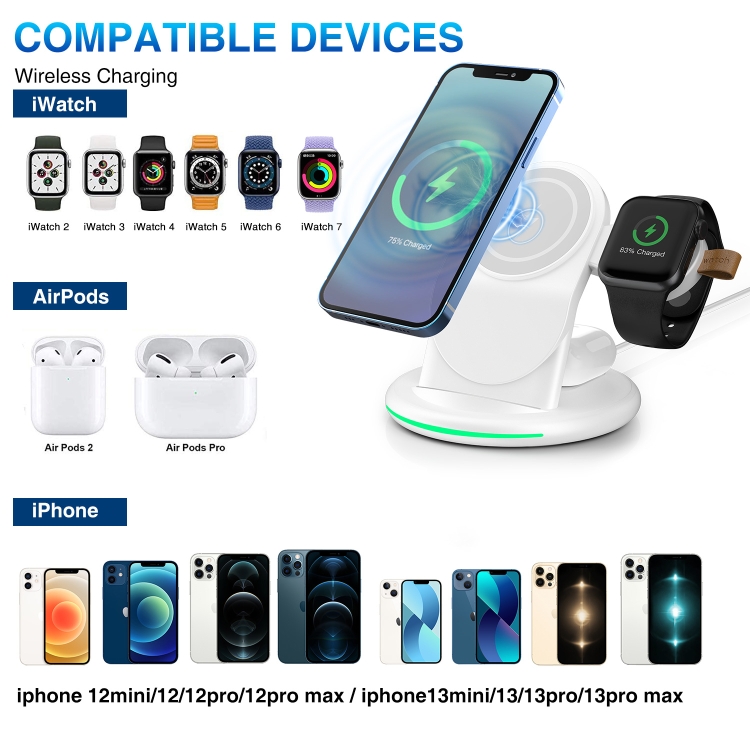 W-03 3 in 1 Magnetic Wireness Charge with 15W Adapter / USB-C Cable, Plug Type:AU Plug(White)