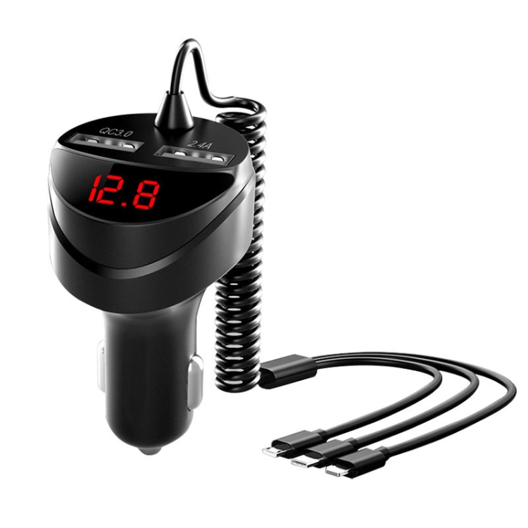 C68 LED Digital Display QC3.0 Fast Car Charger 3 in 1 with Spring Cable(Black) C68 LED Digital Display QC3.0 Fast Car Charger 3 in 1 with Spring Cable(Black)