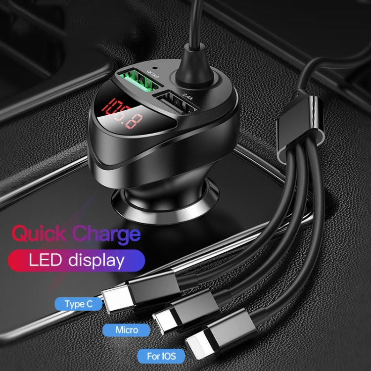 C68 LED Digital Display QC3.0 Fast Car Charger 3 in 1 with Spring Cable(Black) C68 LED Digital Display QC3.0 Fast Car Charger 3 in 1 with Spring Cable(Black)