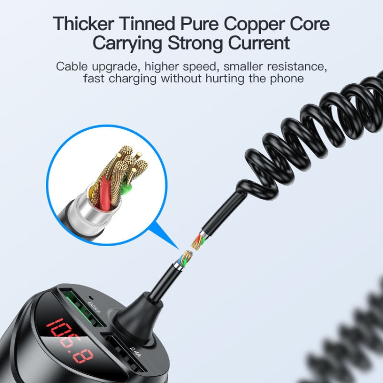 C68 LED Digital Display QC3.0 Fast Car Charger 3 in 1 with Spring Cable(Black) C68 LED Digital Display QC3.0 Fast Car Charger 3 in 1 with Spring Cable(Black)