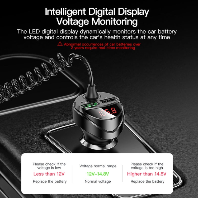 C68 LED Digital Display QC3.0 Fast Car Charger 3 in 1 with Spring Cable(Black) C68 LED Digital Display QC3.0 Fast Car Charger 3 in 1 with Spring Cable(Black)