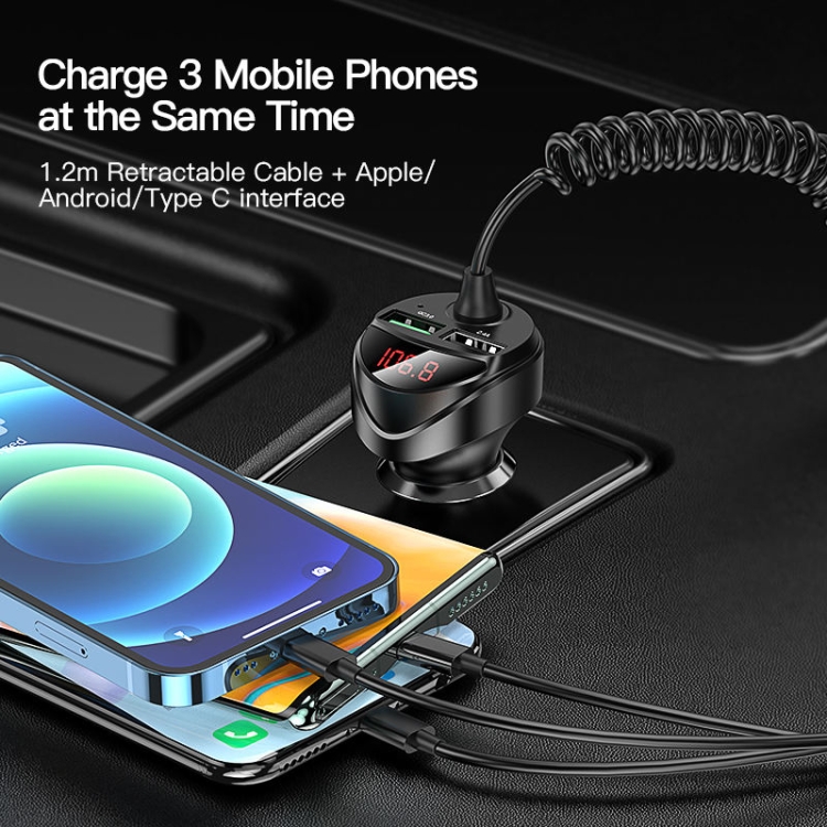 C68 LED Digital Display QC3.0 Fast Car Charger 3 in 1 with Spring Cable(Black) C68 LED Digital Display QC3.0 Fast Car Charger 3 in 1 with Spring Cable(Black)