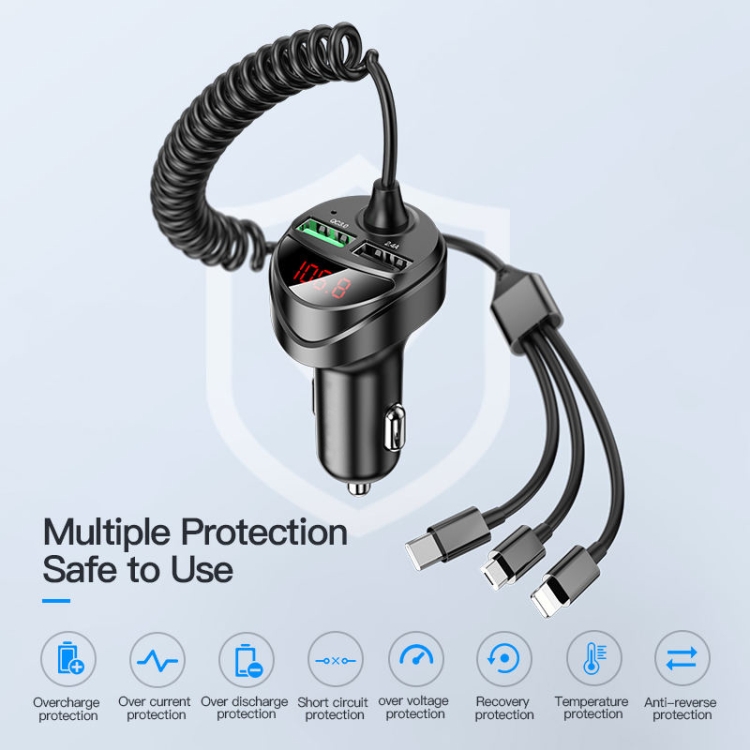 C68 LED Digital Display QC3.0 Fast Car Charger 3 in 1 with Spring Cable(Black) C68 LED Digital Display QC3.0 Fast Car Charger 3 in 1 with Spring Cable(Black)