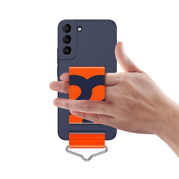 For Samsung Galaxy S22+ 5G Slim Wrist Strap Bracket PC Phone Case(Dark Blue+Orange Strap) For Samsung Galaxy S22+ 5G Slim Wrist Strap Bracket PC Phone Case(Dark Blue+Orange Strap)
