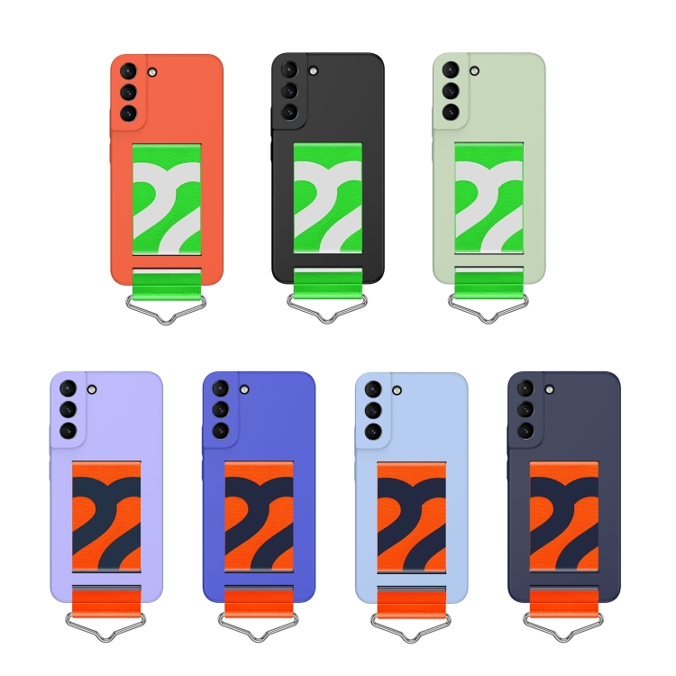 For Samsung Galaxy S22+ 5G Slim Wrist Strap Bracket PC Phone Case(Dark Blue+Orange Strap) For Samsung Galaxy S22+ 5G Slim Wrist Strap Bracket PC Phone Case(Dark Blue+Orange Strap)
