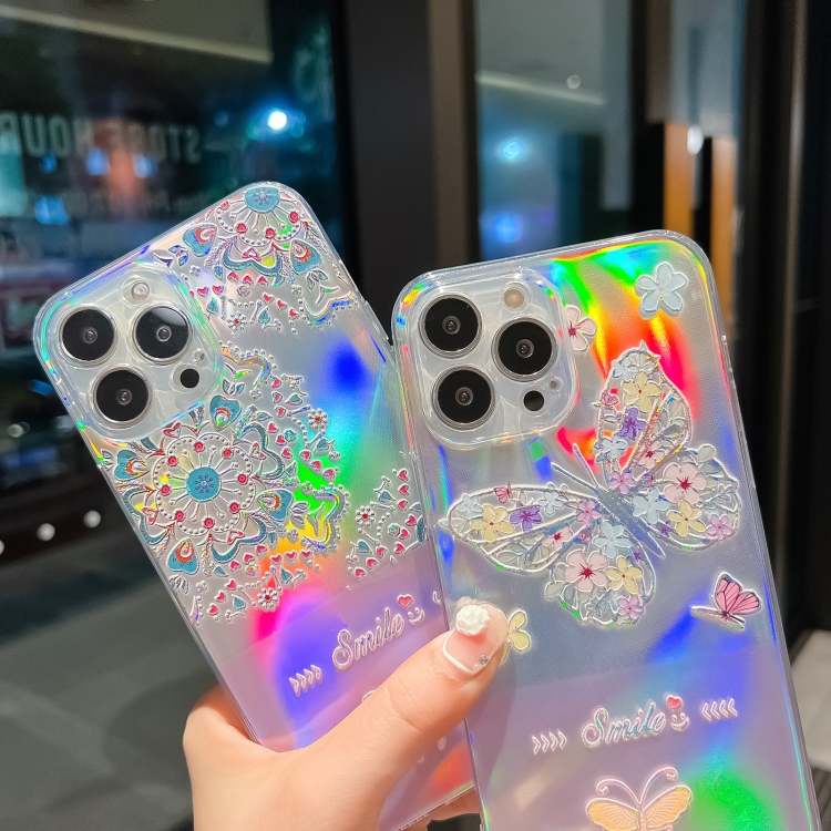 For iPhone 14 Plus Laser Paper + Butterfly Pattern TPU Shockproof Protective Case Max(Peach Blossoms)