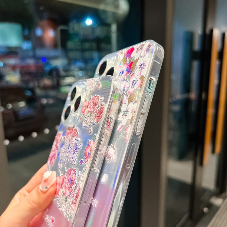 For iPhone 14 Plus Laser Paper + Butterfly Pattern TPU Shockproof Protective Case Max(Peach Blossoms)