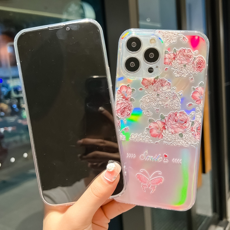 For iPhone 14 Plus Laser Paper + Butterfly Pattern TPU Shockproof Protective Case Max(Peach Blossoms)