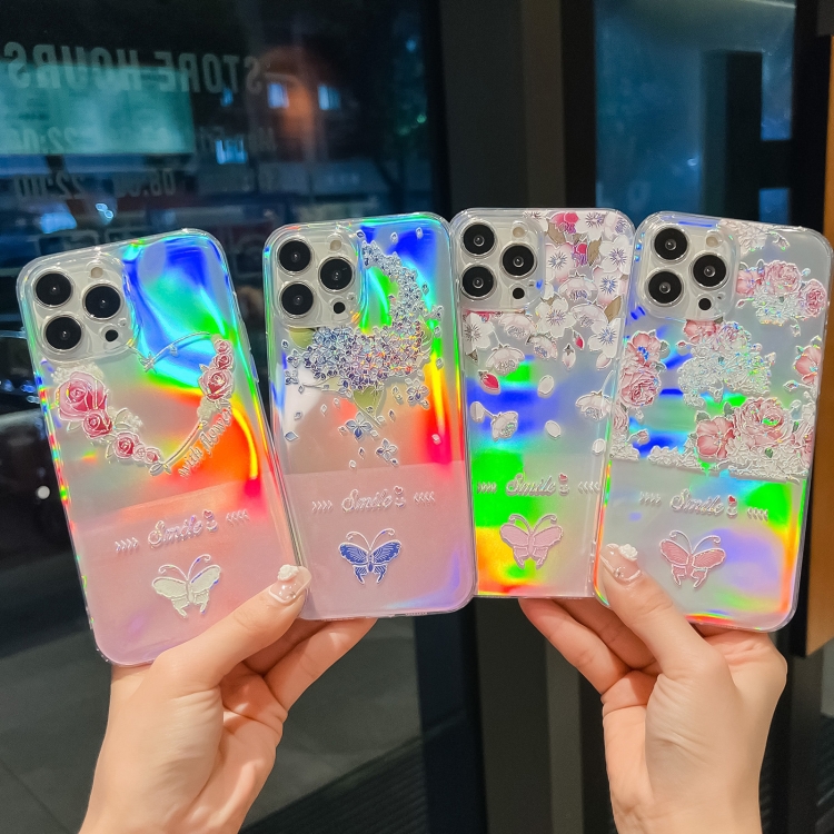 For iPhone 14 Plus Laser Paper + Butterfly Pattern TPU Shockproof Protective Case Max(Peach Blossoms)