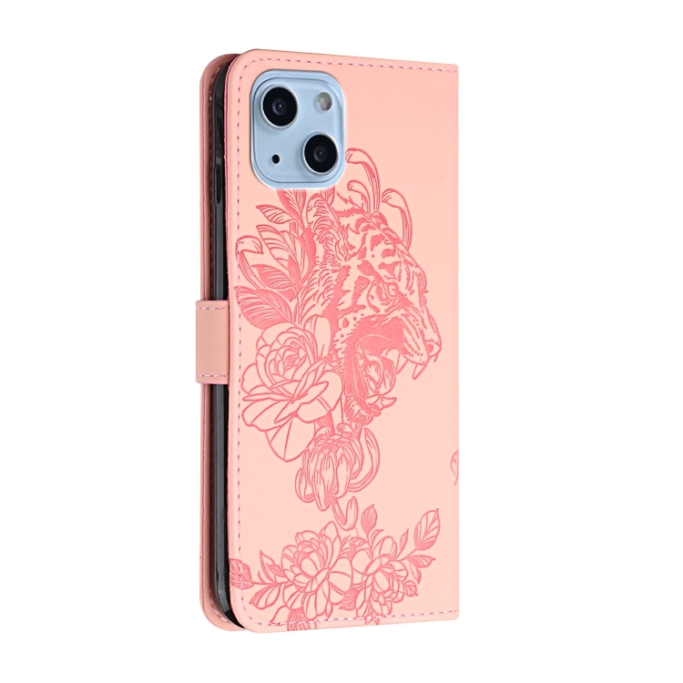 For iPhone 14 Tiger Flower Embossing Leather Phone Case (Pink) For iPhone 14 Tiger Flower Embossing Leather Phone Case (Pink)