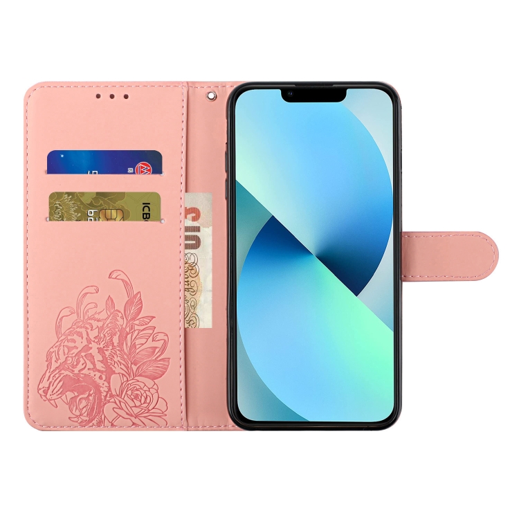 For iPhone 14 Tiger Flower Embossing Leather Phone Case (Pink) For iPhone 14 Tiger Flower Embossing Leather Phone Case (Pink)