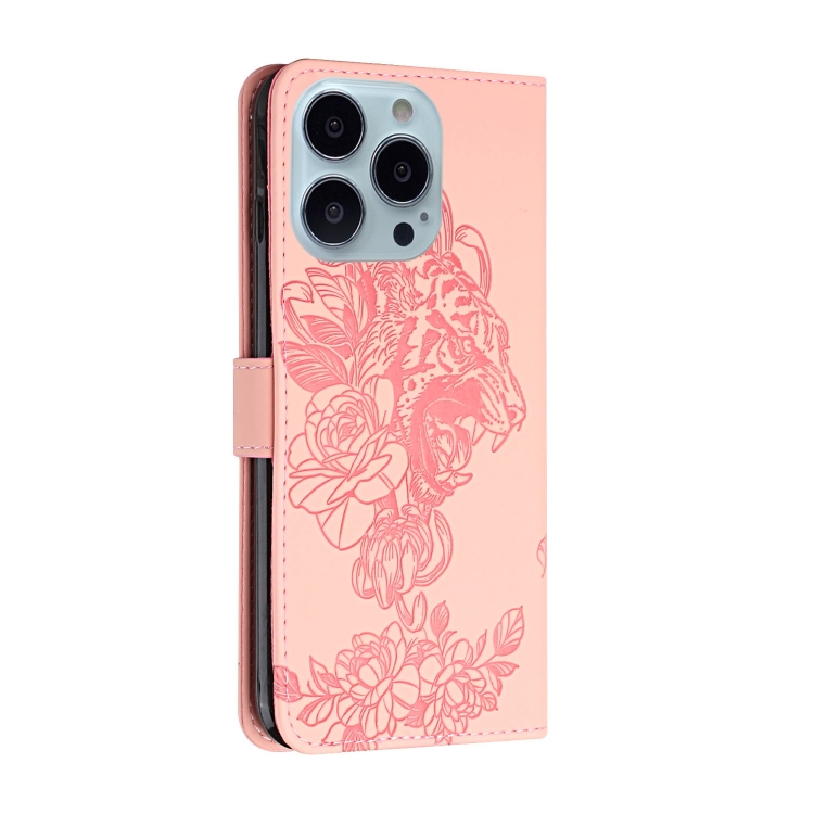 For iPhone 14 Pro Tiger Flower Embossing Leather Phone Case(Pink) For iPhone 14 Pro Tiger Flower Embossing Leather Phone Case(Pink)