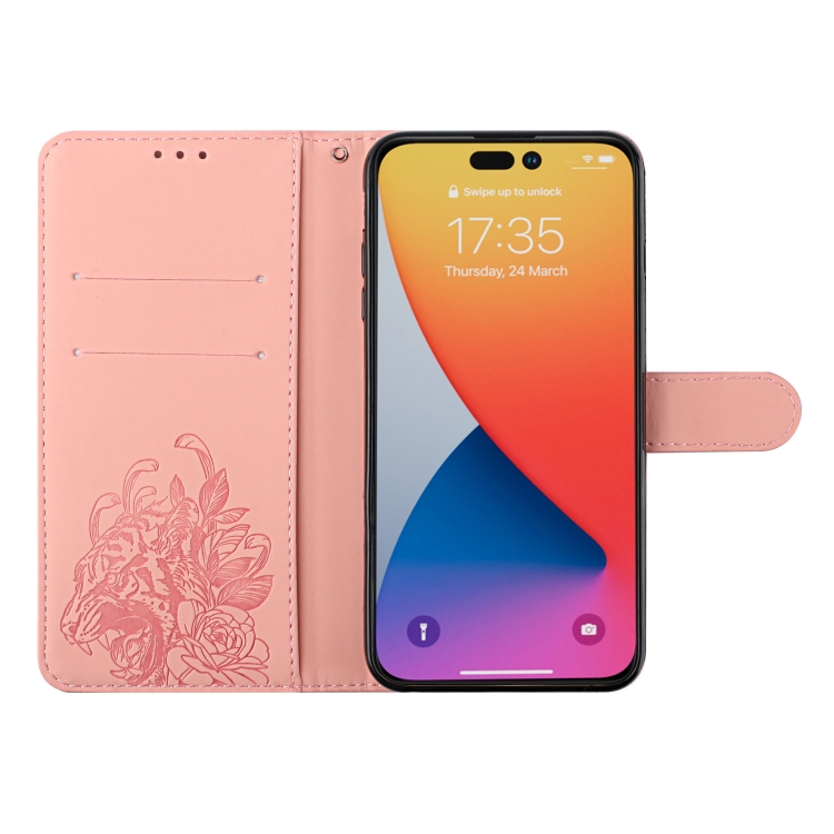 For iPhone 14 Pro Tiger Flower Embossing Leather Phone Case(Pink) For iPhone 14 Pro Tiger Flower Embossing Leather Phone Case(Pink)
