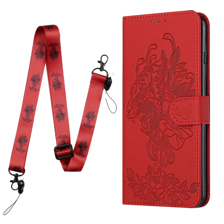 For iPhone 14 Tiger Flower Embossing Lanyard Leather Phone Case (Red) For iPhone 14 Tiger Flower Embossing Lanyard Leather Phone Case (Red)
