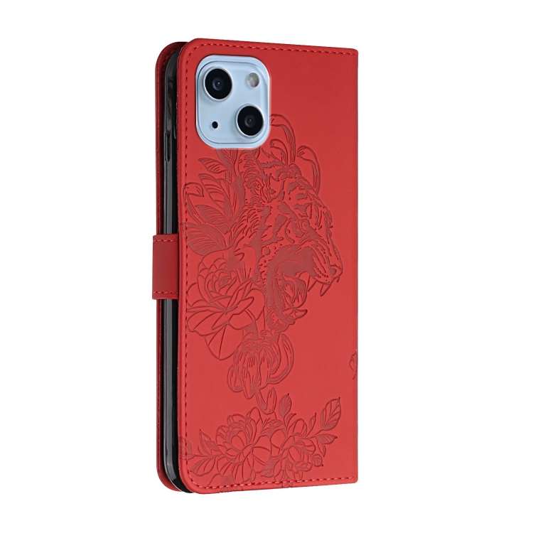 For iPhone 14 Tiger Flower Embossing Lanyard Leather Phone Case (Red) For iPhone 14 Tiger Flower Embossing Lanyard Leather Phone Case (Red)