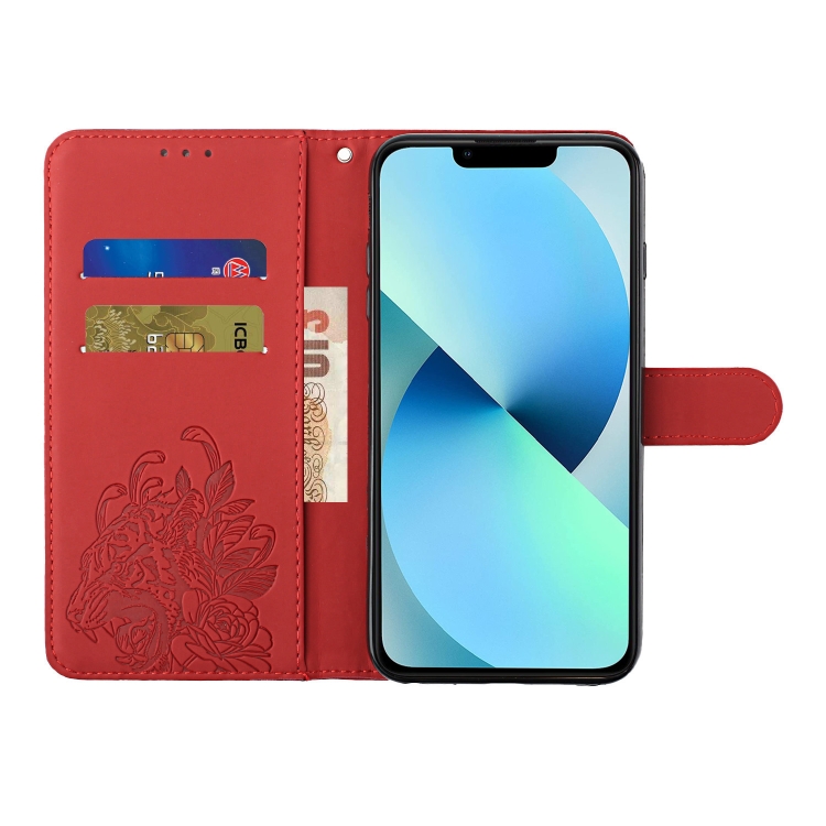 For iPhone 14 Tiger Flower Embossing Lanyard Leather Phone Case (Red) For iPhone 14 Tiger Flower Embossing Lanyard Leather Phone Case (Red)