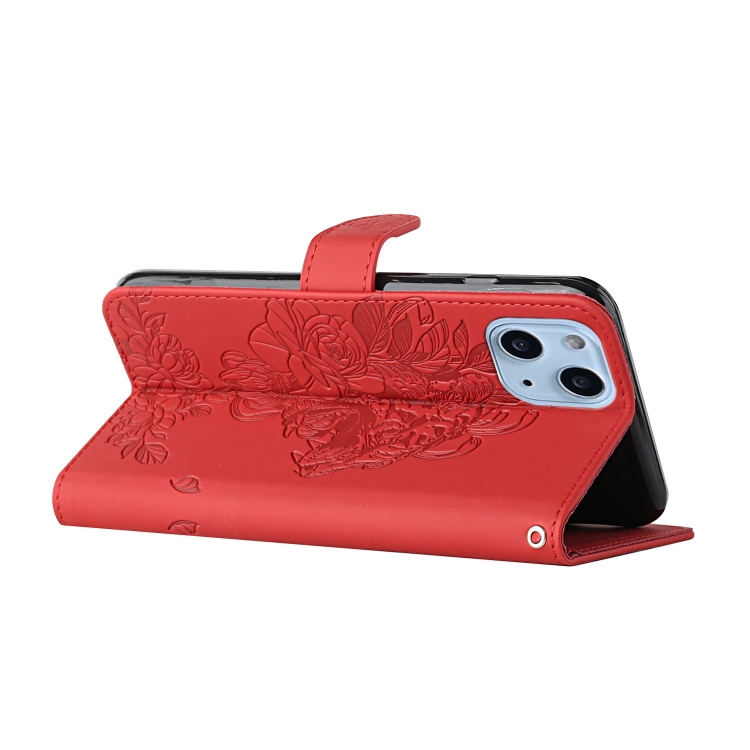 For iPhone 14 Tiger Flower Embossing Lanyard Leather Phone Case (Red) For iPhone 14 Tiger Flower Embossing Lanyard Leather Phone Case (Red)