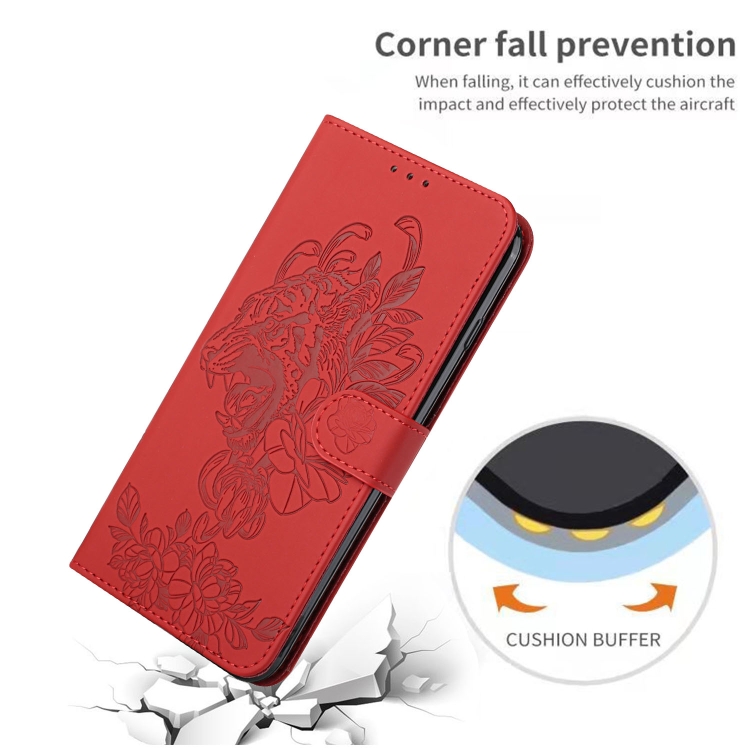 For iPhone 14 Tiger Flower Embossing Lanyard Leather Phone Case (Red) For iPhone 14 Tiger Flower Embossing Lanyard Leather Phone Case (Red)