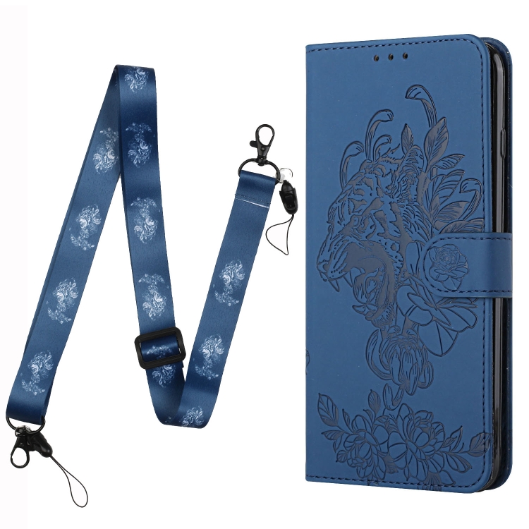 For iPhone 14 Pro Tiger Flower Embossing Lanyard Leather Phone Case(Royal Blue) For iPhone 14 Pro Tiger Flower Embossing Lanyard Leather Phone Case(Royal Blue)