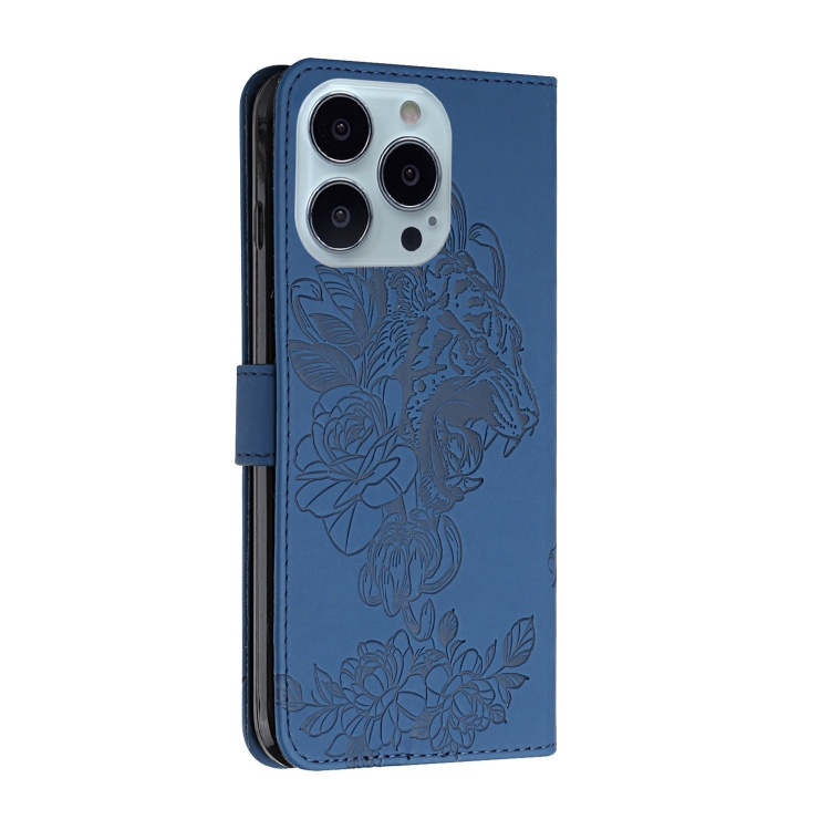 For iPhone 14 Pro Tiger Flower Embossing Lanyard Leather Phone Case(Royal Blue) For iPhone 14 Pro Tiger Flower Embossing Lanyard Leather Phone Case(Royal Blue)
