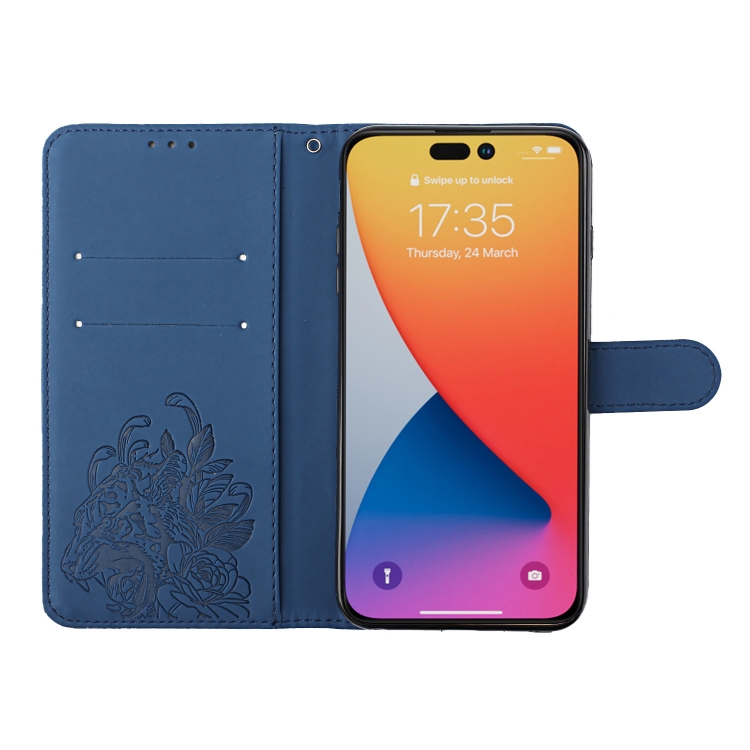 For iPhone 14 Pro Tiger Flower Embossing Lanyard Leather Phone Case(Royal Blue) For iPhone 14 Pro Tiger Flower Embossing Lanyard Leather Phone Case(Royal Blue)