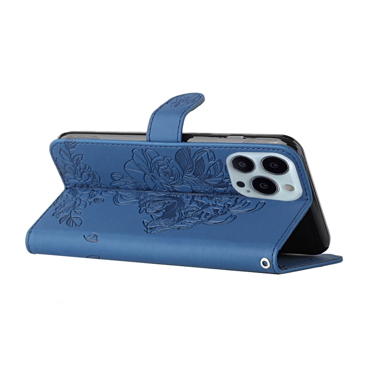 For iPhone 14 Pro Tiger Flower Embossing Lanyard Leather Phone Case(Royal Blue) For iPhone 14 Pro Tiger Flower Embossing Lanyard Leather Phone Case(Royal Blue)
