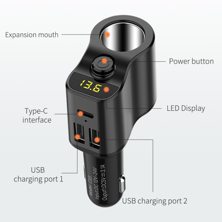 C03 Dual USB Fast Charge Car Charger Voltage Detection with Independent Switch(Black) C03 Dual USB Fast Charge Car Charger Voltage Detection with Independent Switch(Black)