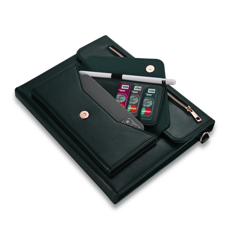 3-fold Zipper Leather Tablet Case Crossbody Pocket Bag For iPad Pro 12.9 2018 / 2020 / 2021(Green)