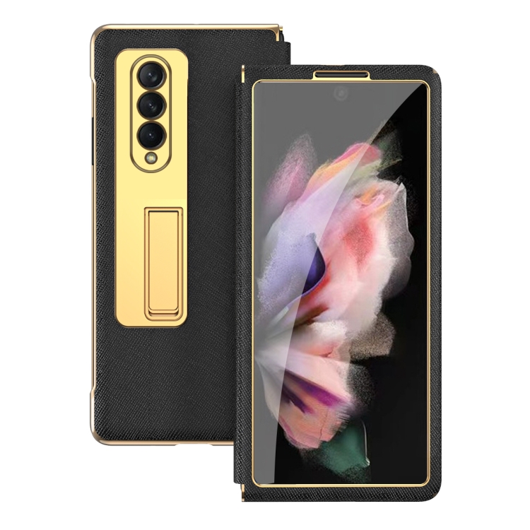 For Samsung Galaxy Z Fold4 Cross Texture Integrated Electroplating Hinge Flip Phone Case with Tempered Film(Black) For Samsung Galaxy Z Fold4 Cross Texture Integrated Electroplating Hinge Flip Phone Case with Tempered Film(Black)