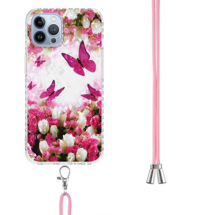 For iPhone 14 Pro 2.0mm Airbag Shockproof TPU Phone Case with Lanyard(Dancing Butterflies)