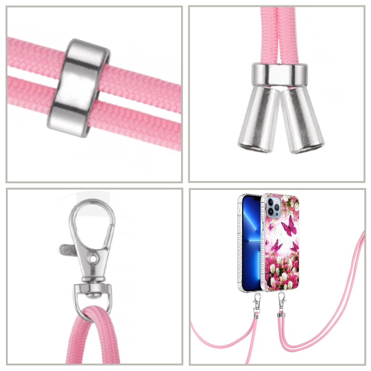 For iPhone 14 Pro 2.0mm Airbag Shockproof TPU Phone Case with Lanyard(Dancing Butterflies)