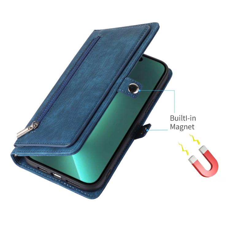 For iPhone 14 Pro Max Zipper Card Slot Buckle Wallet Leather Phone Case (Blue) For iPhone 14 Pro Max Zipper Card Slot Buckle Wallet Leather Phone Case (Blue)